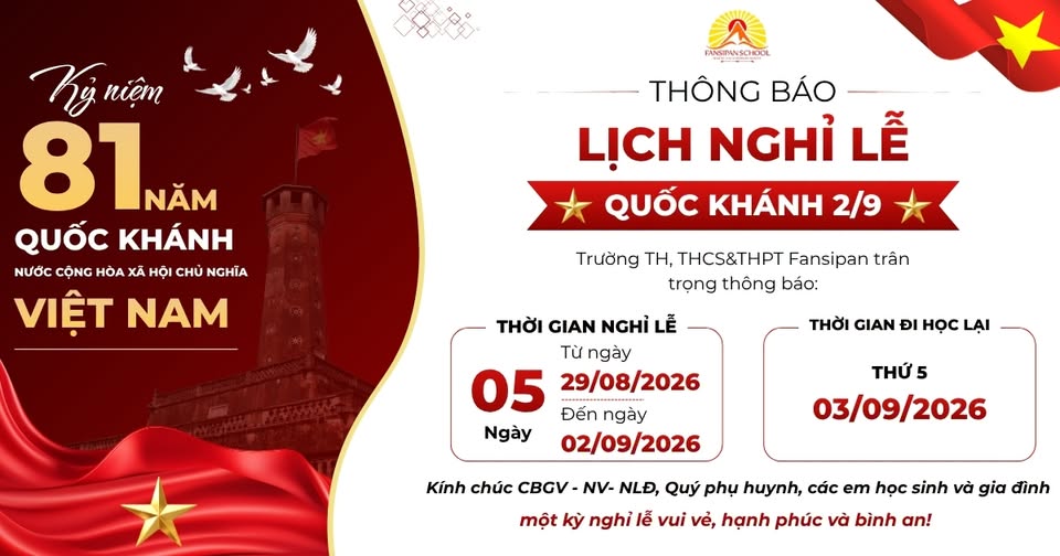 THÔNG BÁO LỊCH NGHỈ LỄ QUỐC KHÁNH 2/9/2026
