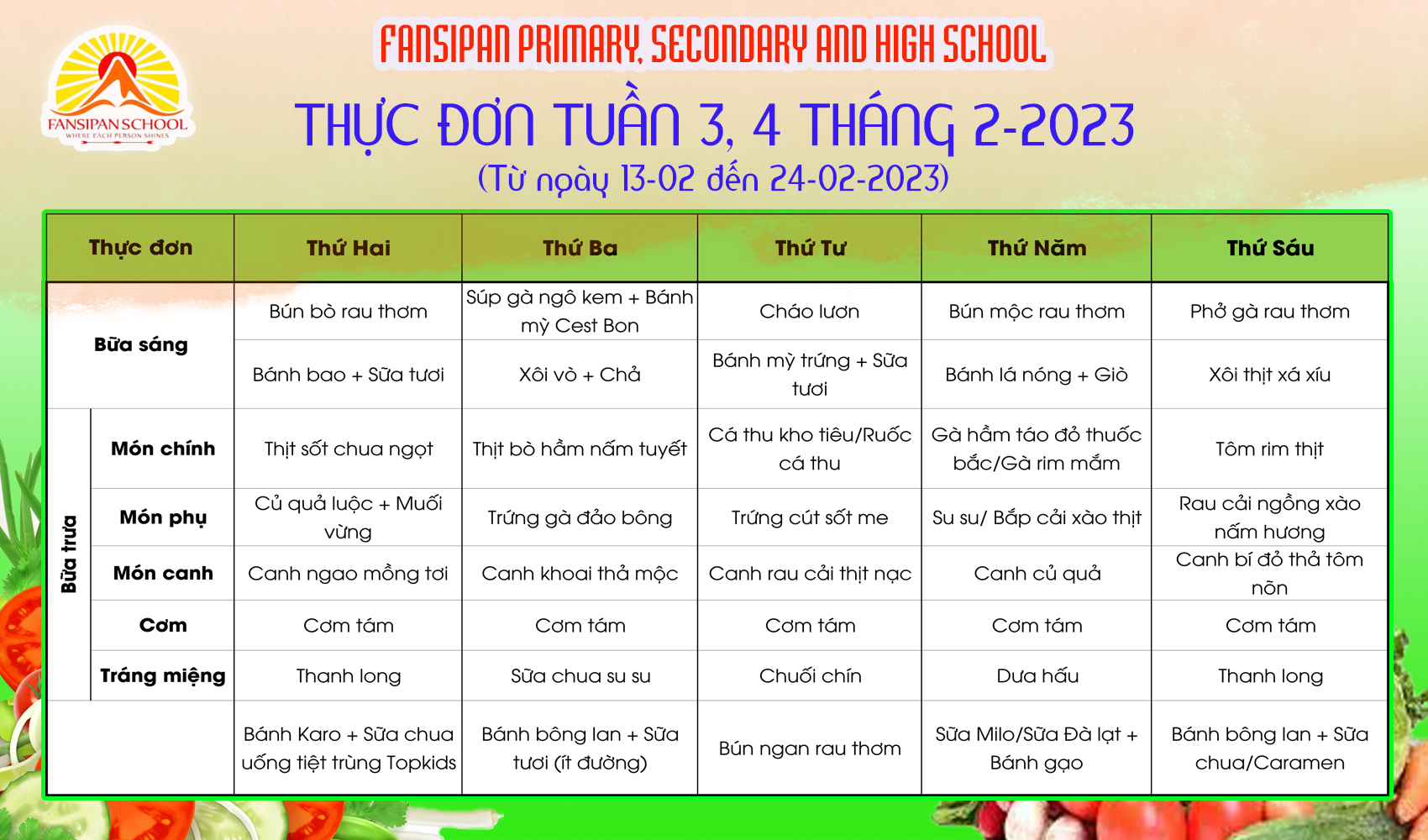 Thực đơn tuần 3-4 tháng 2 – 2023