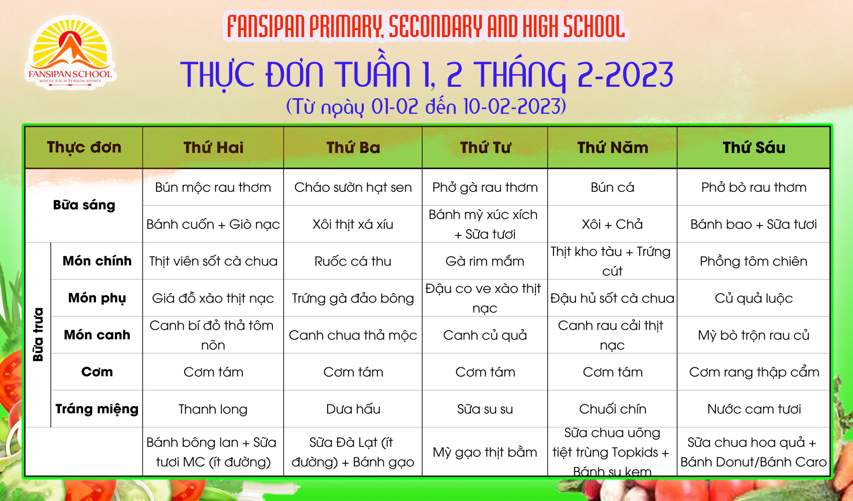 Thực đơn tuần 1-2 tháng 2 – 2023