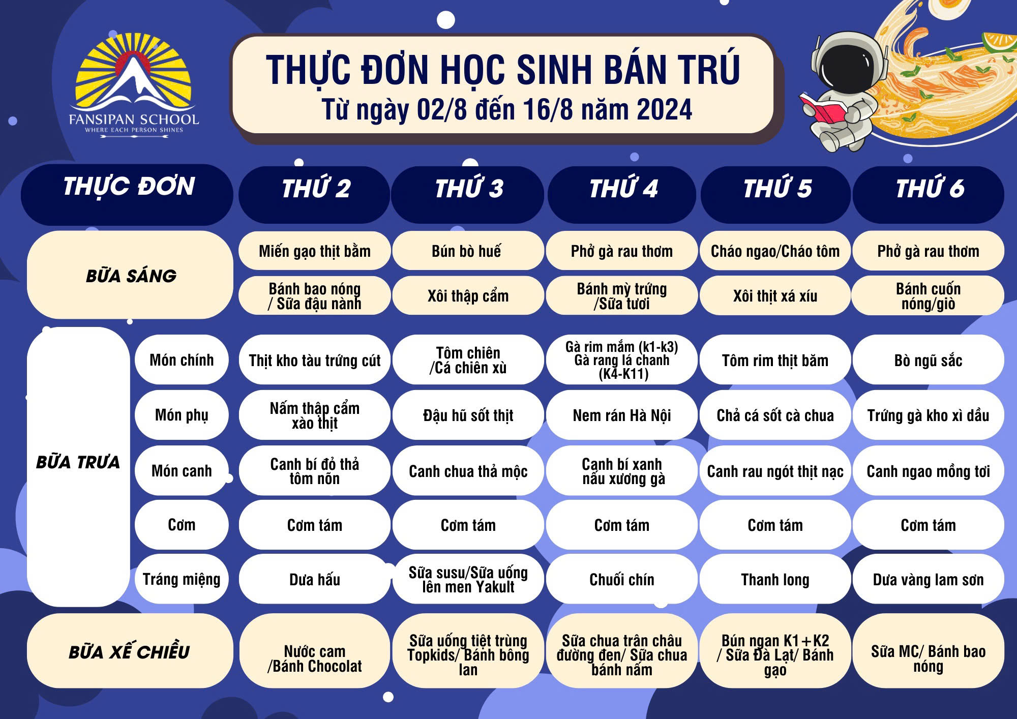 THỰC ĐƠN BÁN TRÚ TỪ NGÀY 02 – 16 THÁNG 08/2024