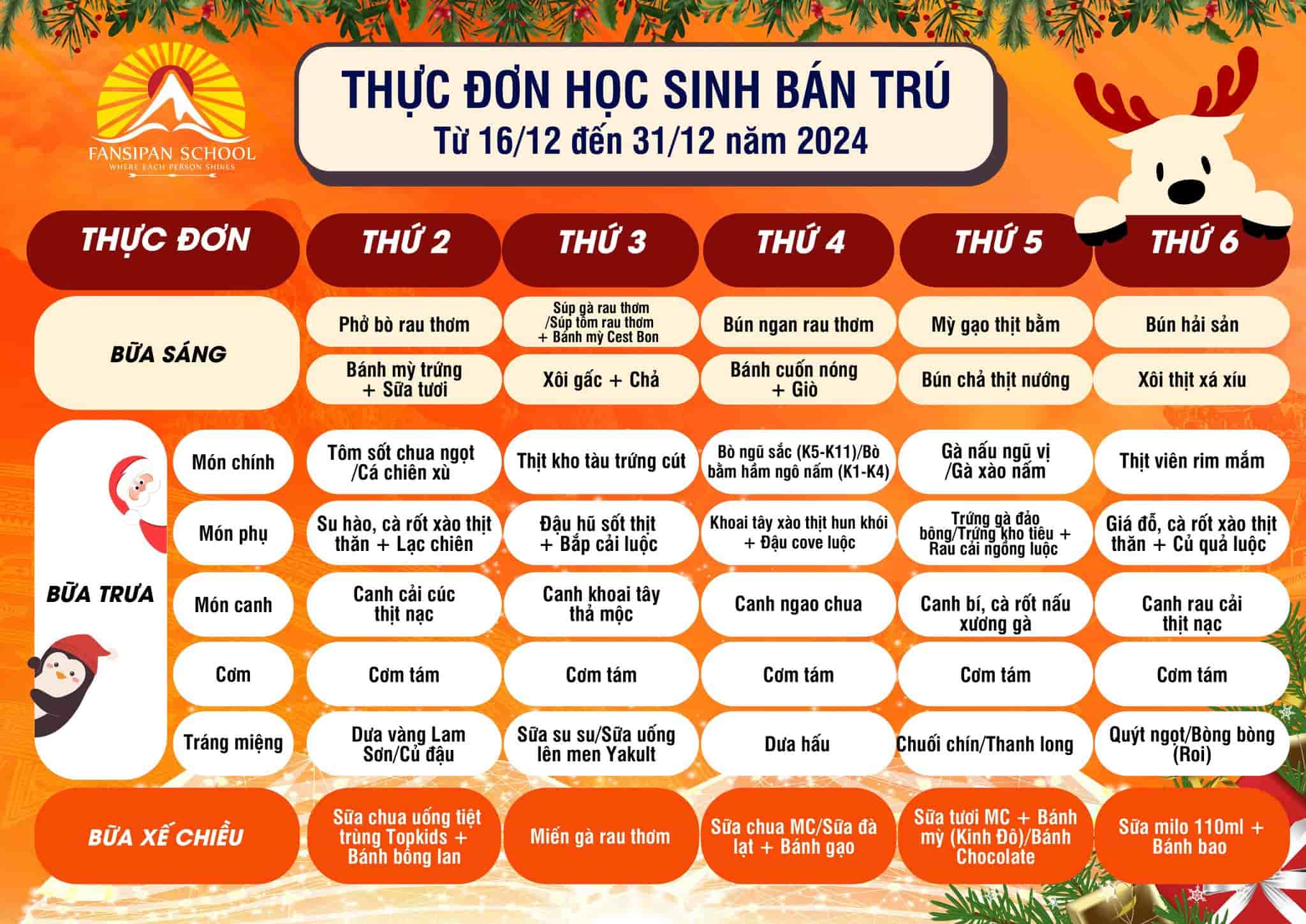 THỰC ĐƠN BÁN TRÚ TỪ NGÀY 16 – 31 THÁNG 03/2024