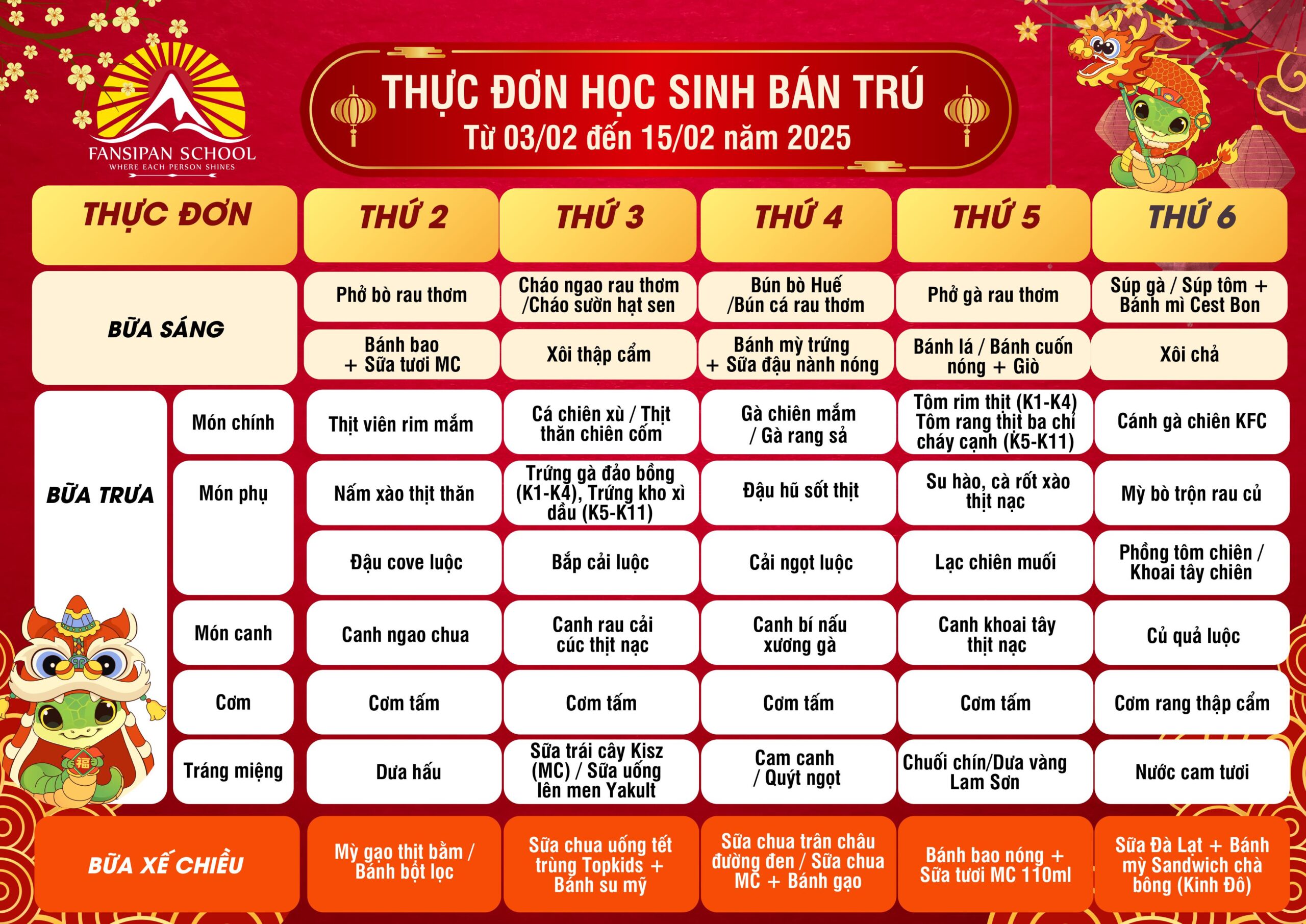 THỰC ĐƠN BÁN TRÚ TỪ NGÀY 3 ĐẾN NGÀY 15 THÁNG 2/2025