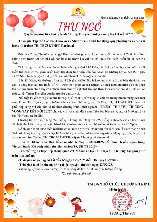 THƯ NGỎ – QUYÊN GÓP ỦNG HỘ CHƯƠNG TRÌNH “TRUNG THU YÊU THƯƠNG – VÒNG TAY KẾT NỐI 2025”